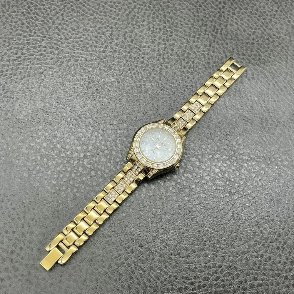 Armitron Now Watch Womens Gold Tone Crystal Bezel Bracelet Quartz NEW BATTERY